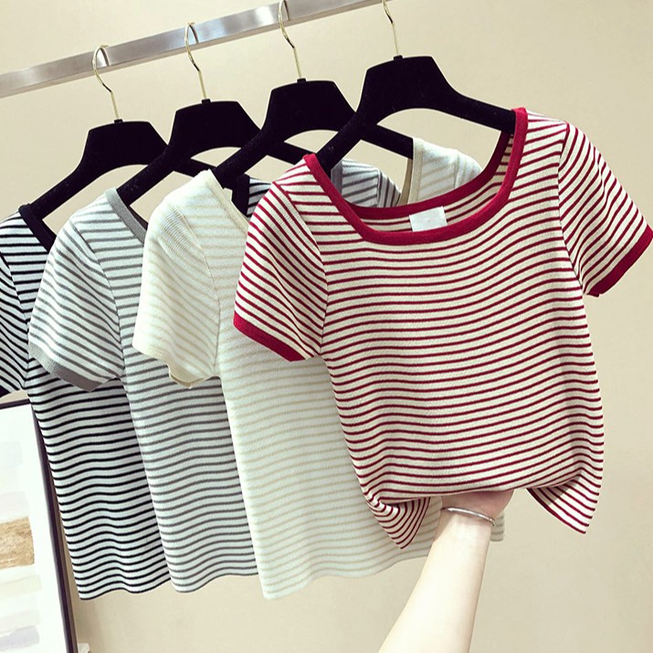 SUXI Áo Thun Dệt Kim Tay Ngắn Cổ Tròn Kẻ Sọc Trẻ Trung Hợp Thời Trang
