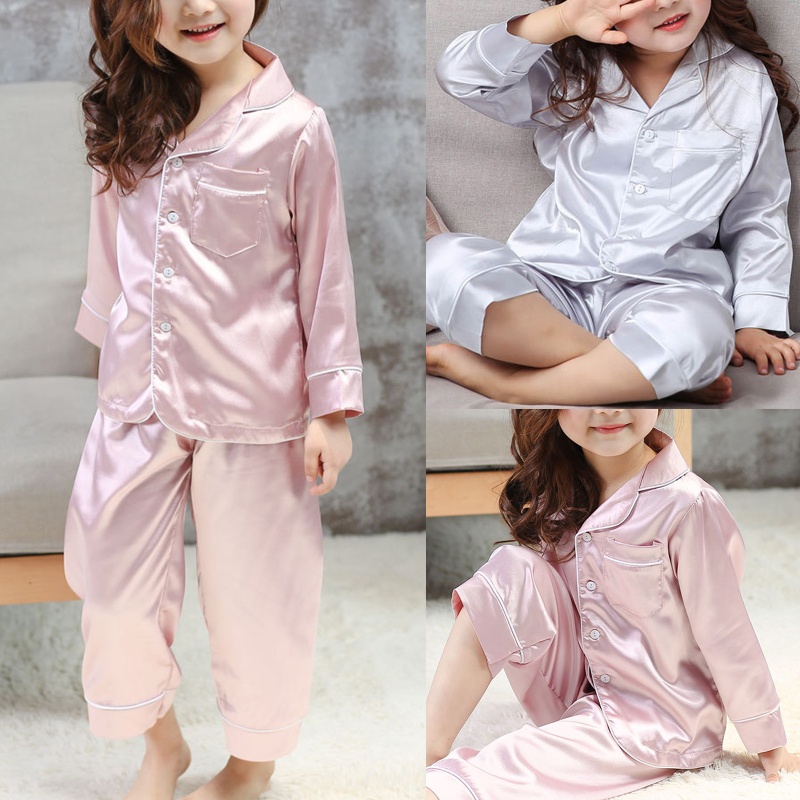 Bộ Đồ Ngủ 2 Món Bằng Lụa Tay Dài Có Nút Dành Cho Trẻ Em