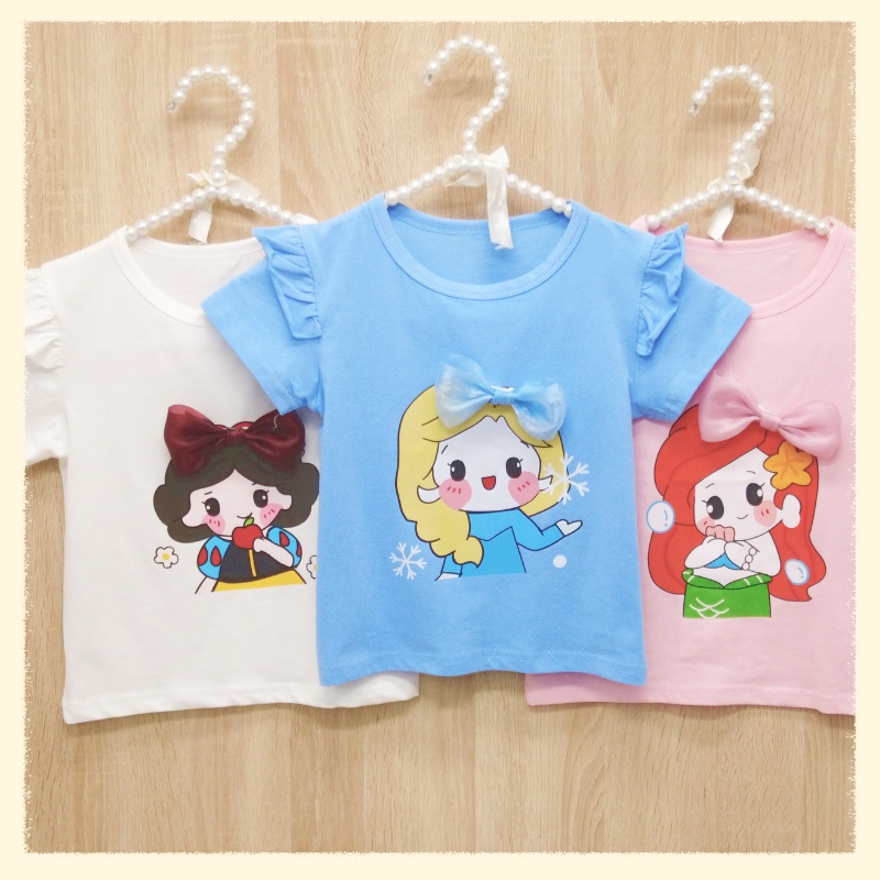 DISNEY Áo Thun 100% Cotton Tay Ngắn In Hình Công Chúa Elsa 3D Thắt Nơ Dễ Thương Cho Bé Gái