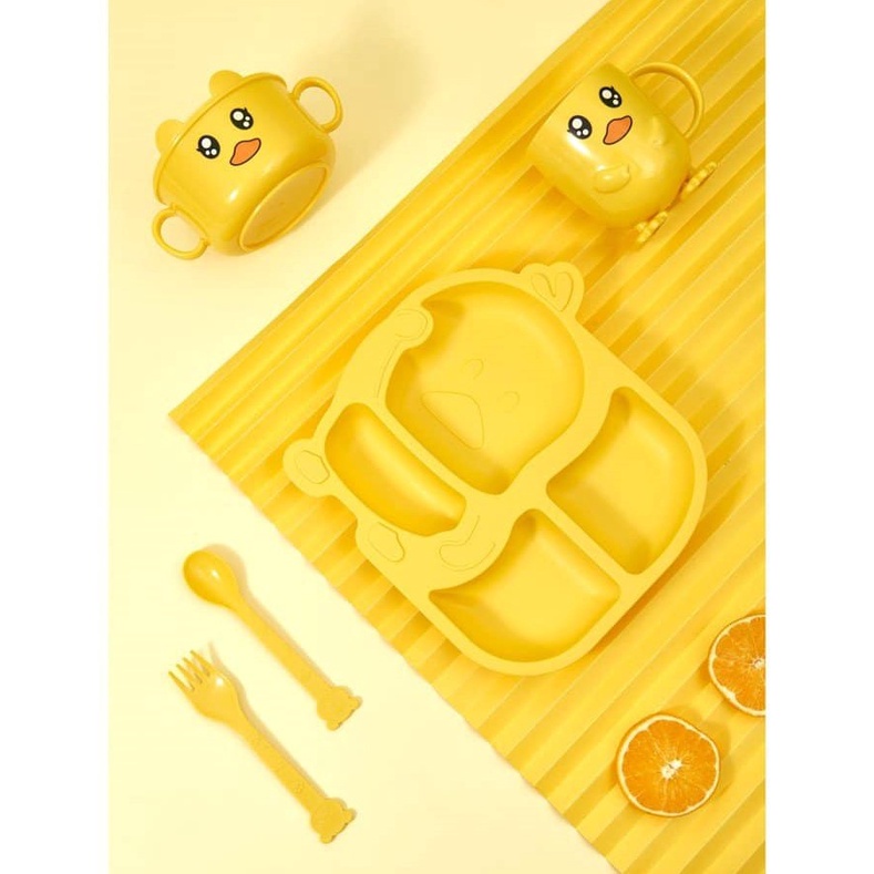 Set Khay Ăn Dặm Lúa Mạch Hình Vịt Vàng Đáng Yêu Cho Bé, Khay Ăn Dặm Chất Liệu Cao Cấp