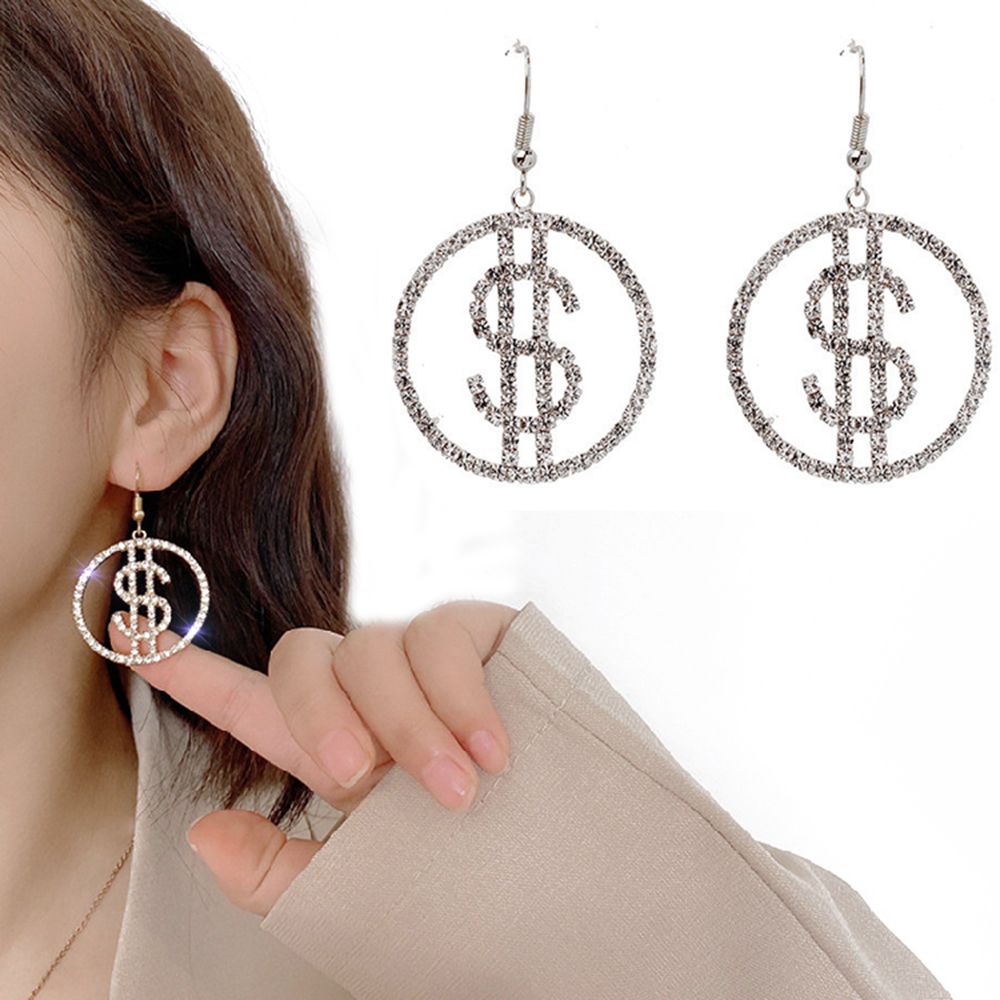Khuyên tai dáng dài hình tiền đô la đính đá zircon không gây dị ứng cho nữ