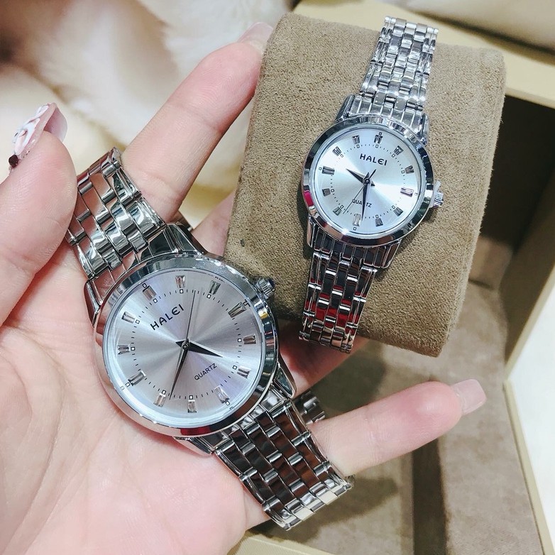 Đồng hồ nam nữ HALEI mặt bạc với khung thép cao cấp sang trọng đỉnh cao