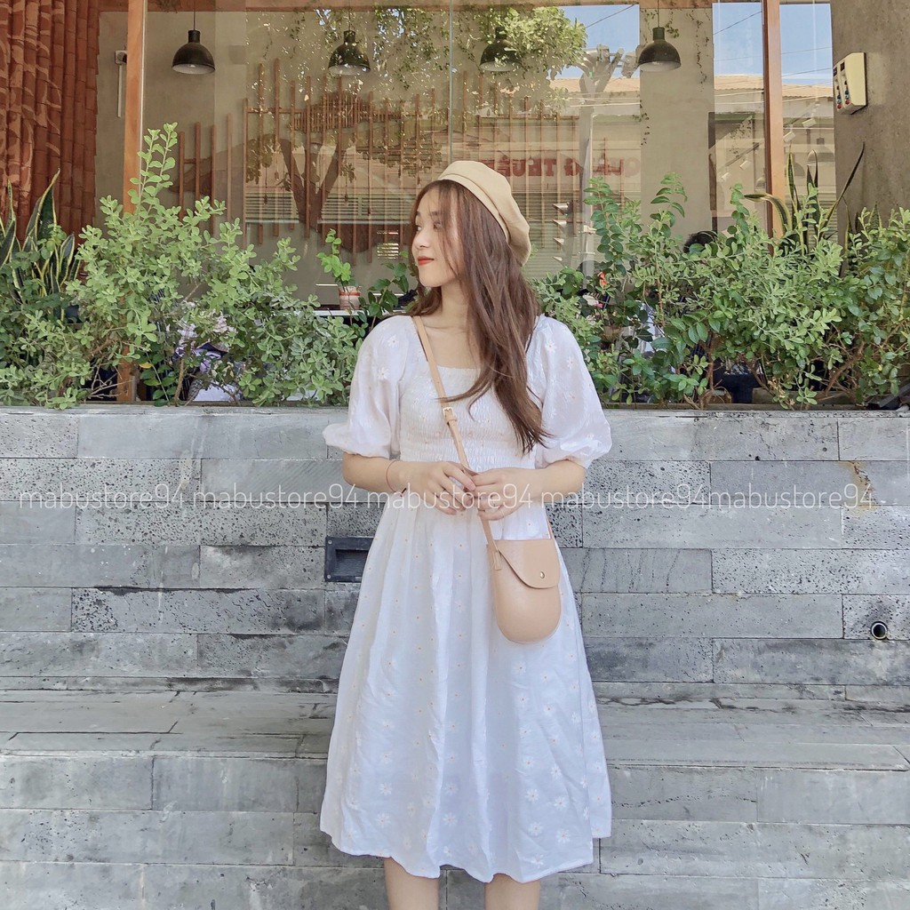 Đầm trễ vai hoa cúc ( tặng kèm scrunchies)