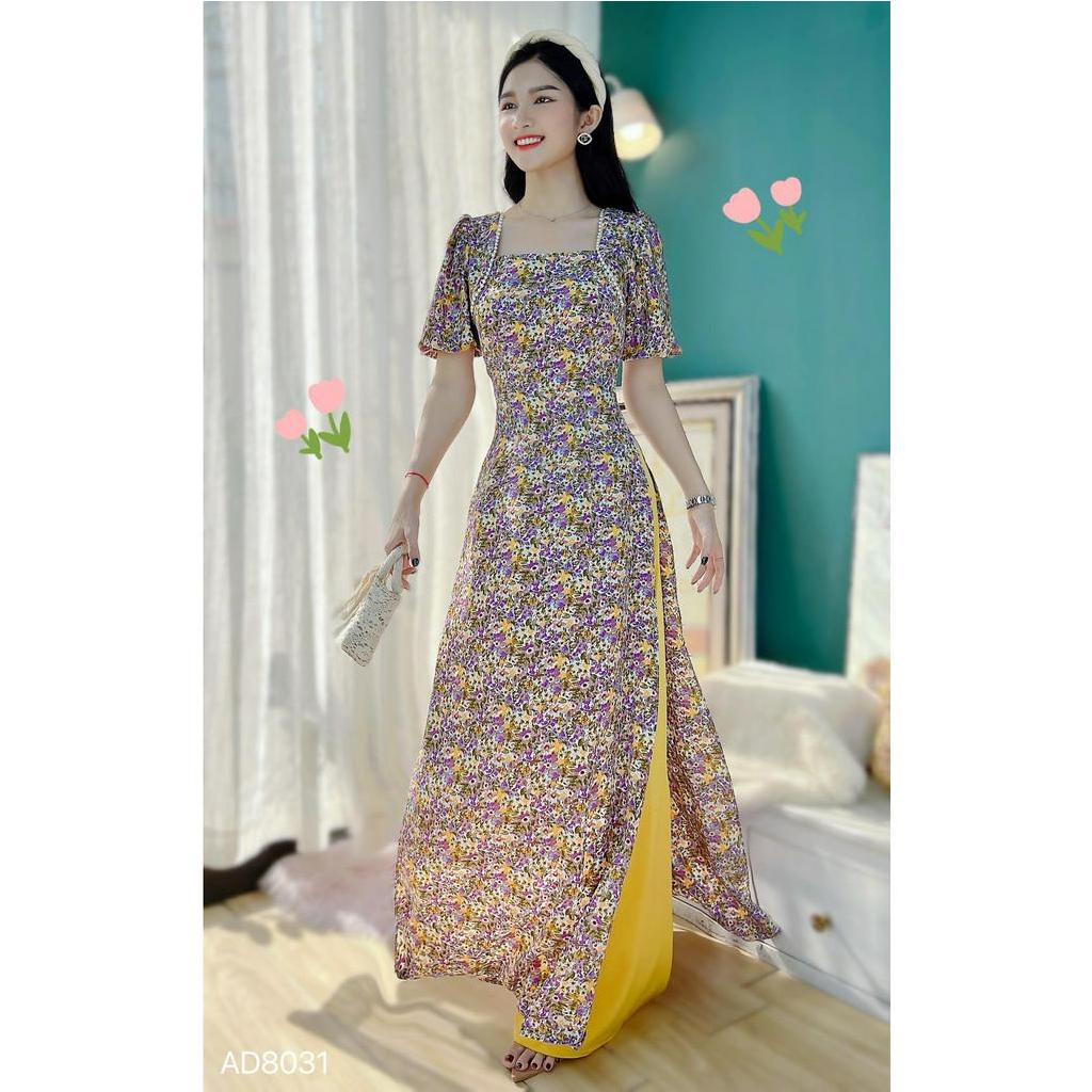 Áo dài hoa cách tân nữ cổ vuông tay phồng đính ngọc bên vai AD8031 - không kèm quần