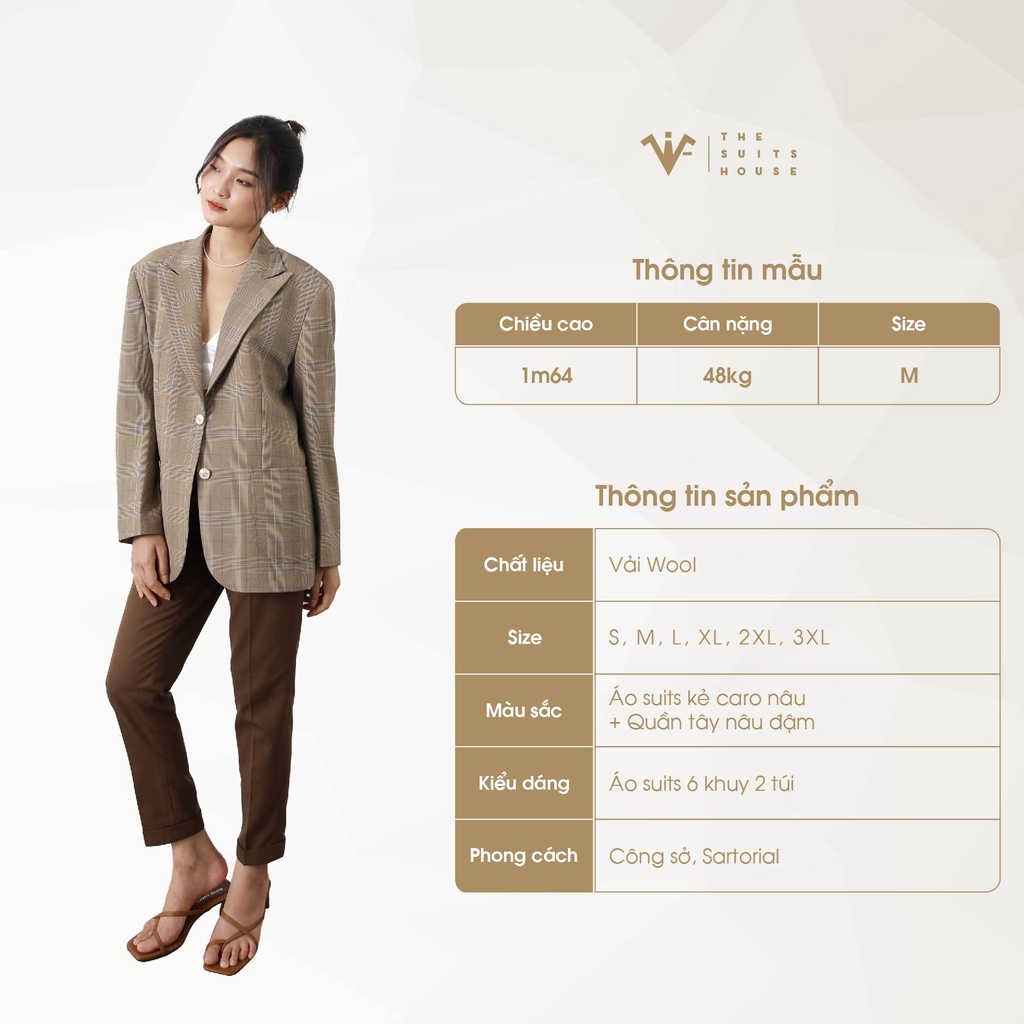 Bộ vest nữ nâu kẻ ô 2 khuy túi đắp, suits sartorial chất cashmere The Suits House