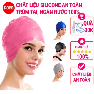 Mũ bơi người lớn chất liệu silicone cao cấp POPO dùng được cho nam, nữ ngăn nước, trùm được búi tóc dài