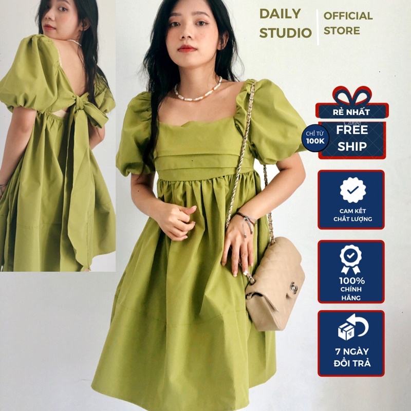Váy hè xinh, Váy hè thô nơ sau tay phồng xanh cốm cổ vuông xinh,Đầm hè xanh cốm babydoll tiểu thư