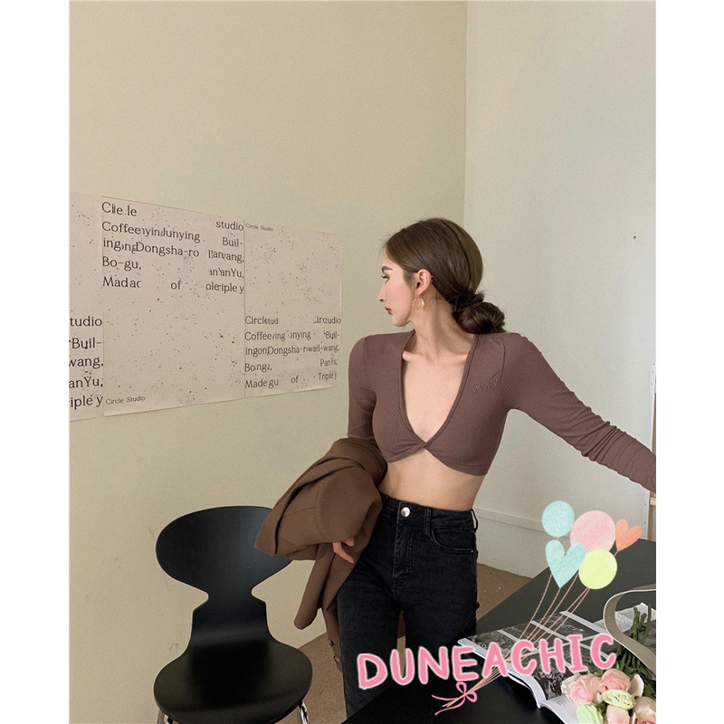 DUNEA Áo thun croptop tay dài phong cách quyến rũ cho nữ