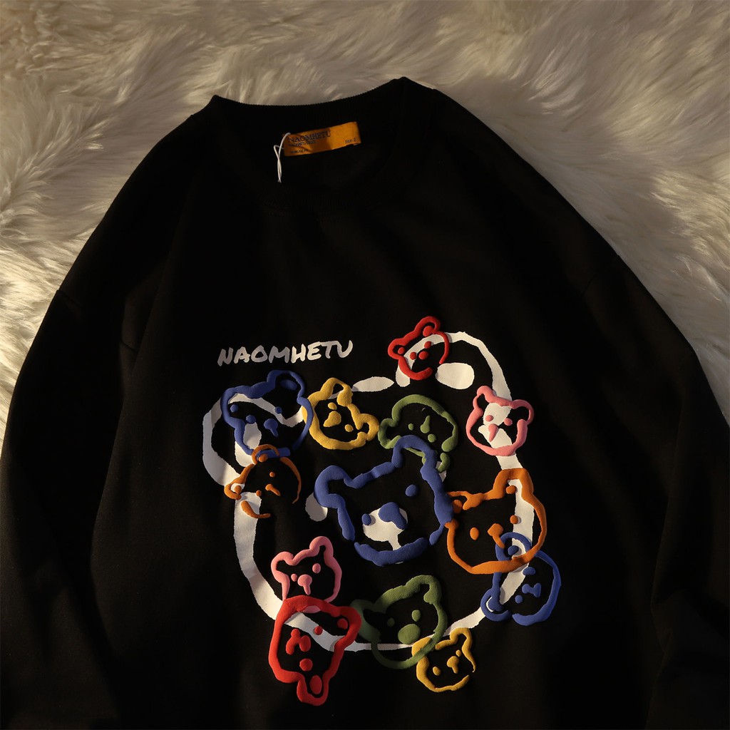 Áo Thun Tay Dài Cổ Tròn In Hình Gấu Xốp Phong Cách Retro Nhật Bản Cho Nam Và Nữ