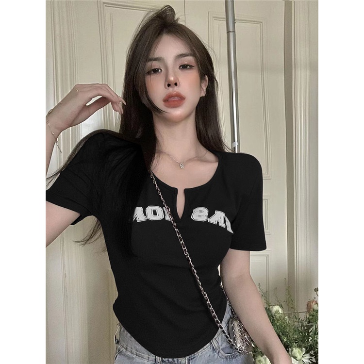 Áo Thun Cổ Chữ V In Chữ Plus Size Thời Trang Mùa Hè Hàn Quốc