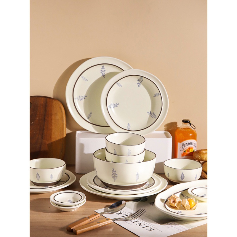 Bộ bát đĩa sứ đẹp tráng men cao cấp màu kem viền nâu họa tiết lá cây vintage - KITCAT STORE