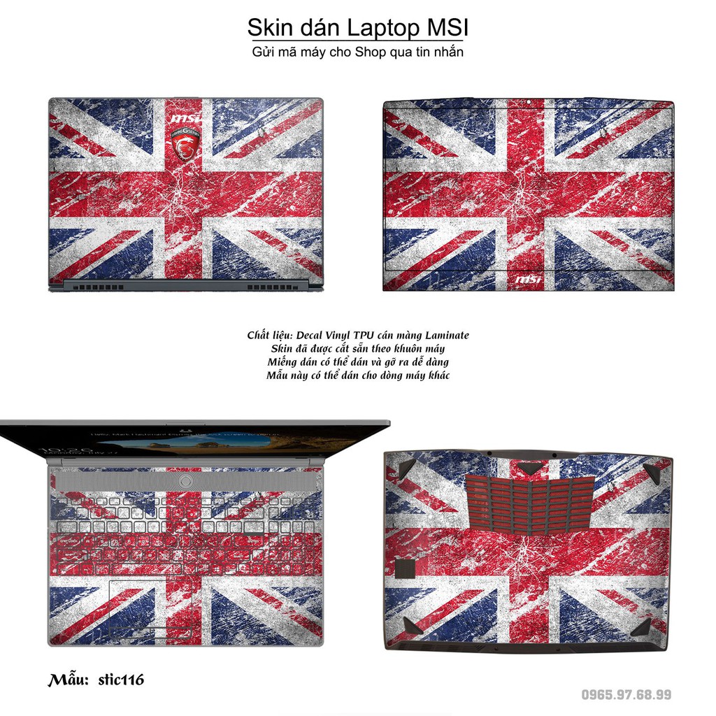 Skin dán Laptop MSI in hình cờ Anh (inbox mã máy cho Shop)