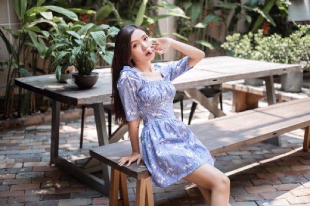 CHOCOO - Đầm Xoè Tay Phồng Cổ Vuông Màu Xanh - SAMA LINEN DRESS