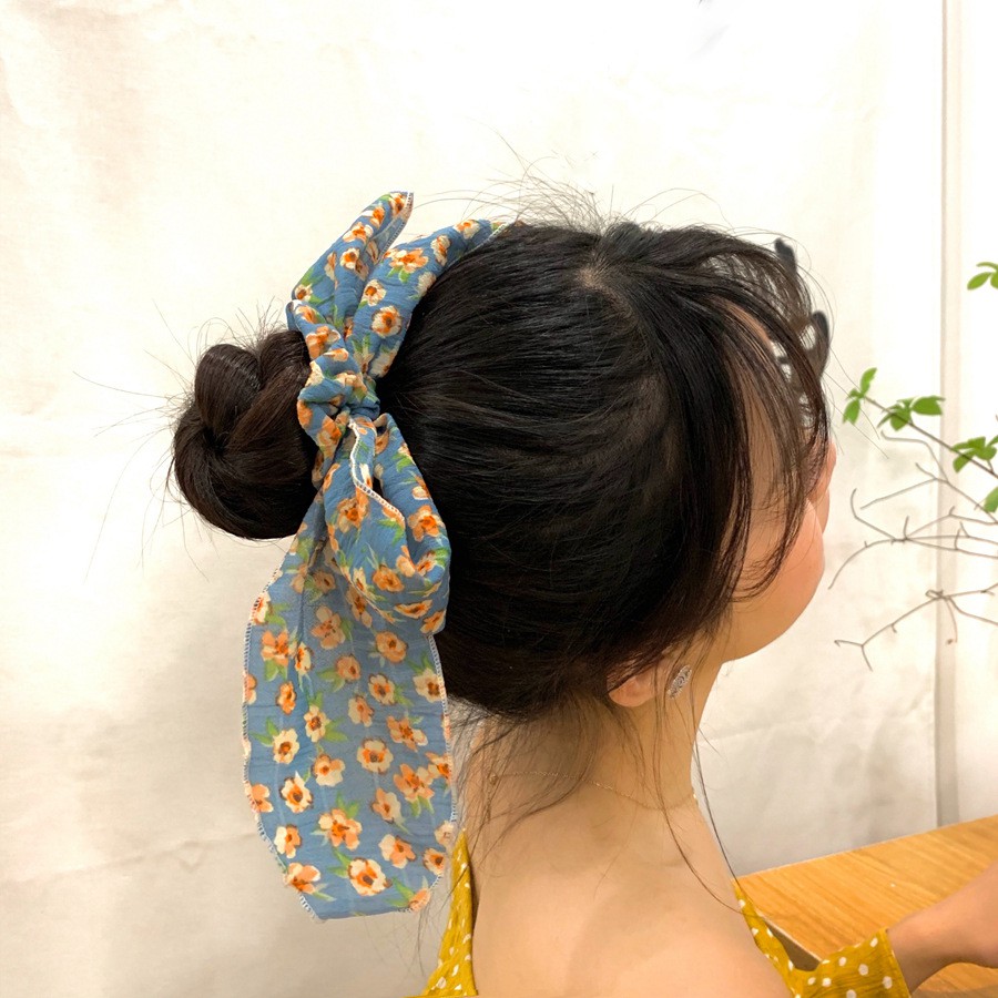 Scrunchie Cột Tóc Vải Xanh Dương Hoa Cúc Retro 3 Kiểu Xinh Đẹp