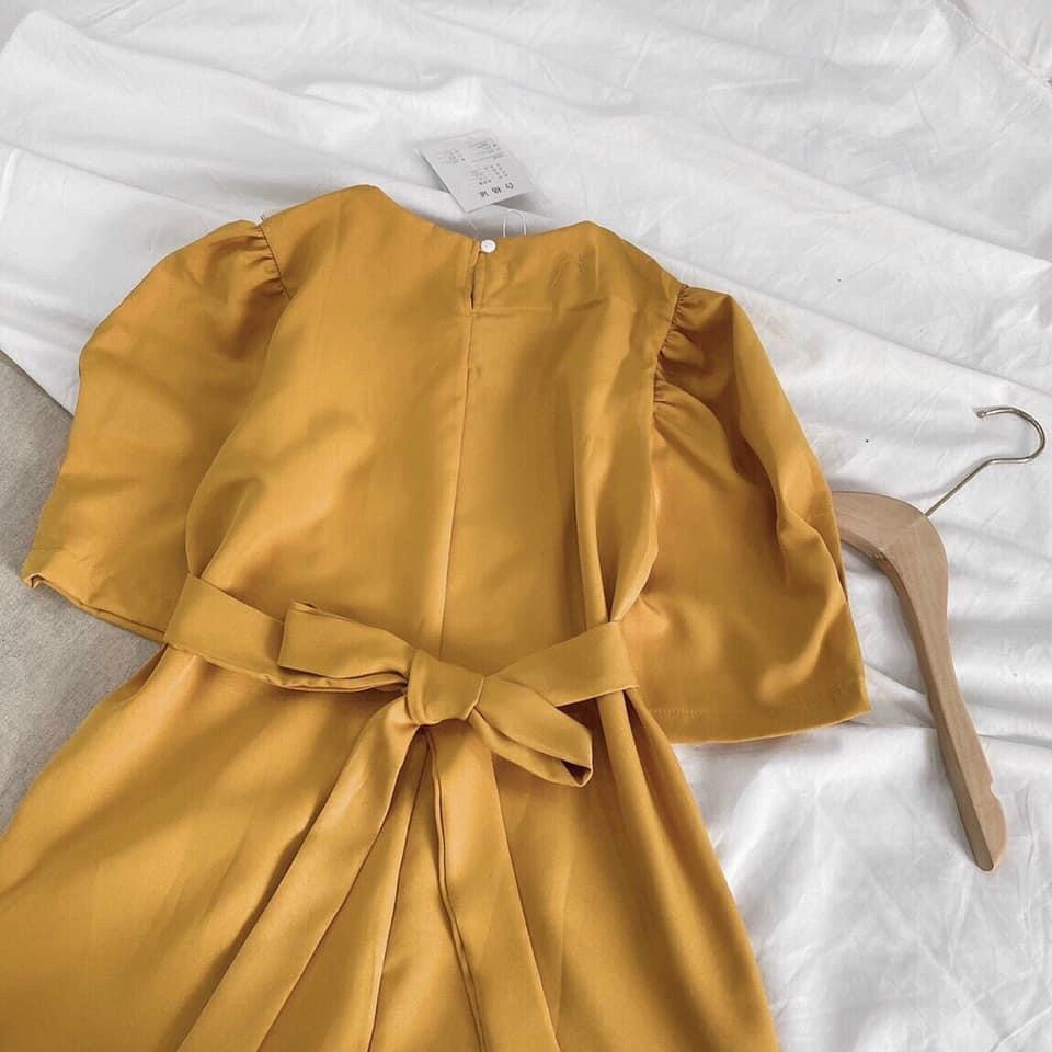 [Hình thật] Đầm nữ dự tiệc dáng chữ A cổ lá sen hot trend freesize màu vàng Kimhoa77