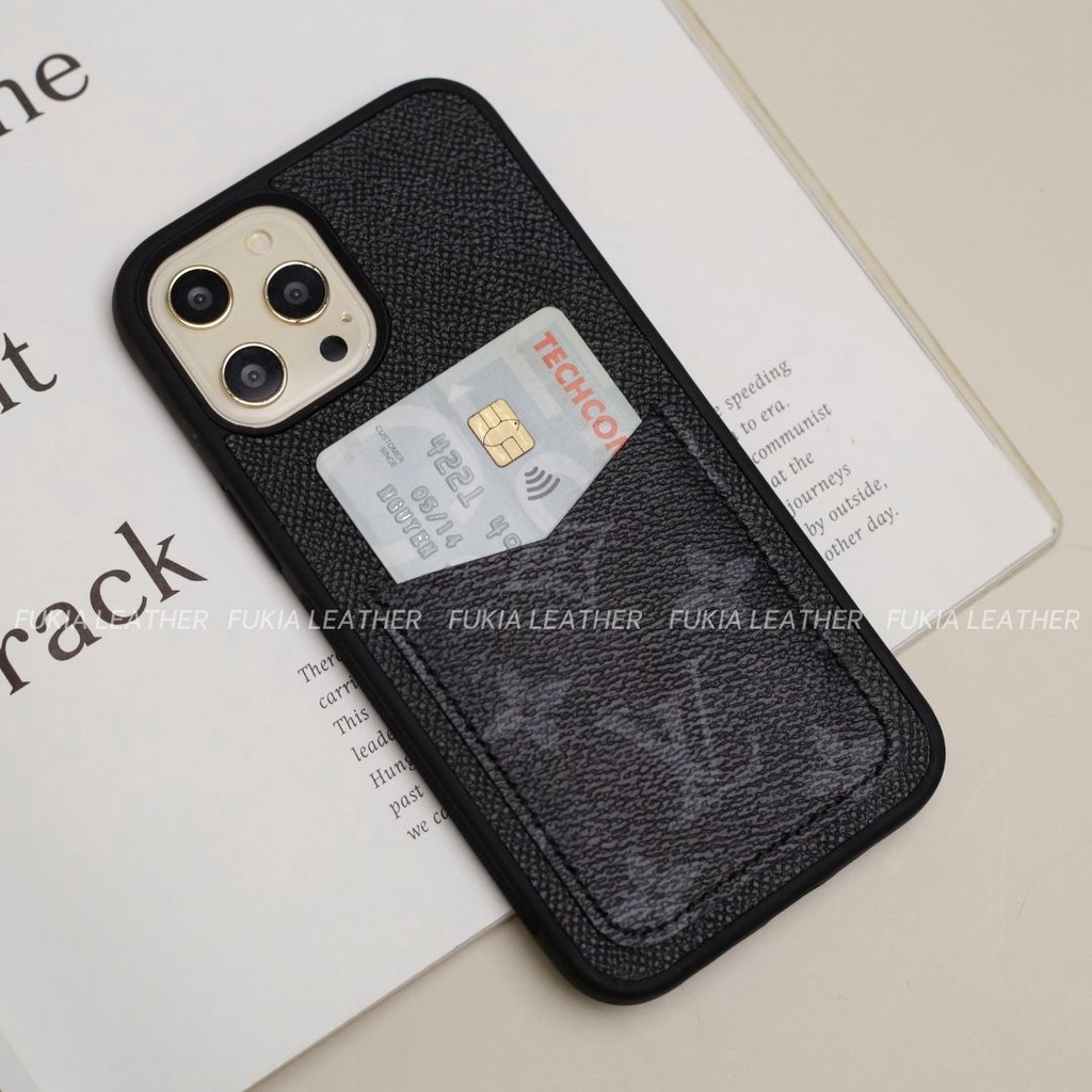 Ốp da thủ công Epsom đen khe thẻ IV Chữ đen cho IPhone 16/16pro/16promax/15promax/15pro/14promax/13p