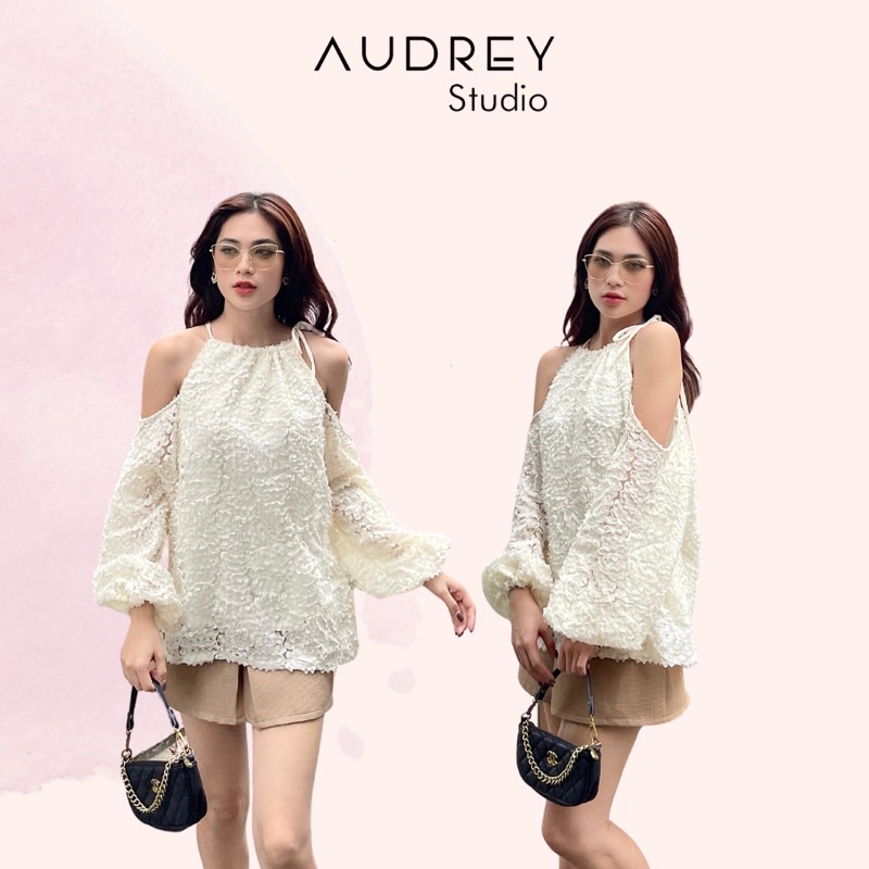 Áo cổ yếm khoét vai/ /áo trễ vai tay dài màu be - Audrey Studio