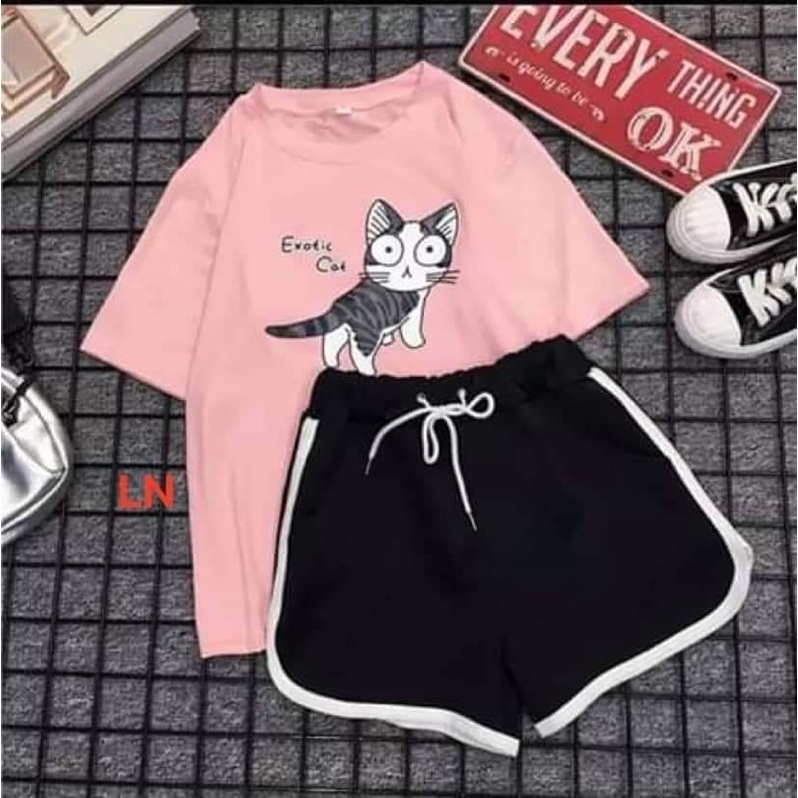 Sét áo phông mèo cat + quần đùi viền TH6