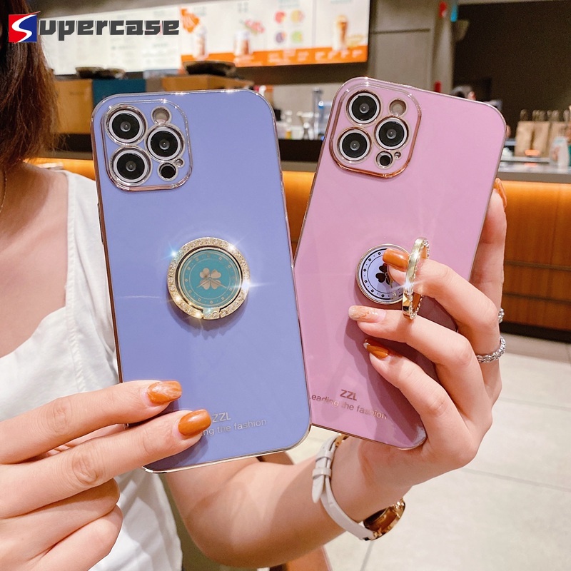 Ốp Điện Thoại Tpu Dẻo Mạ Viền 6d Kèm Giá Đỡ Nhẫn Hình Cỏ Ba Lá Cho Xiaomi Mi 11 10 Pro Lite Ultra 10s 10t Lite Poco M2 Pro