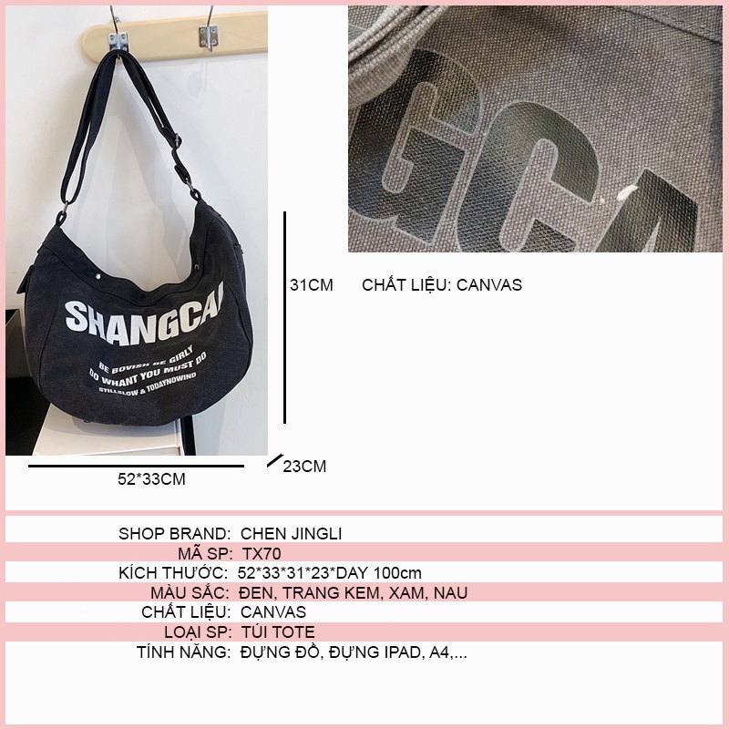 Túi tote vải canvas đeo chéo nữ CHEN, túi vãi tote dùng đi chơi đi du lịch cỡ lớn phong cách ulzzang TX70