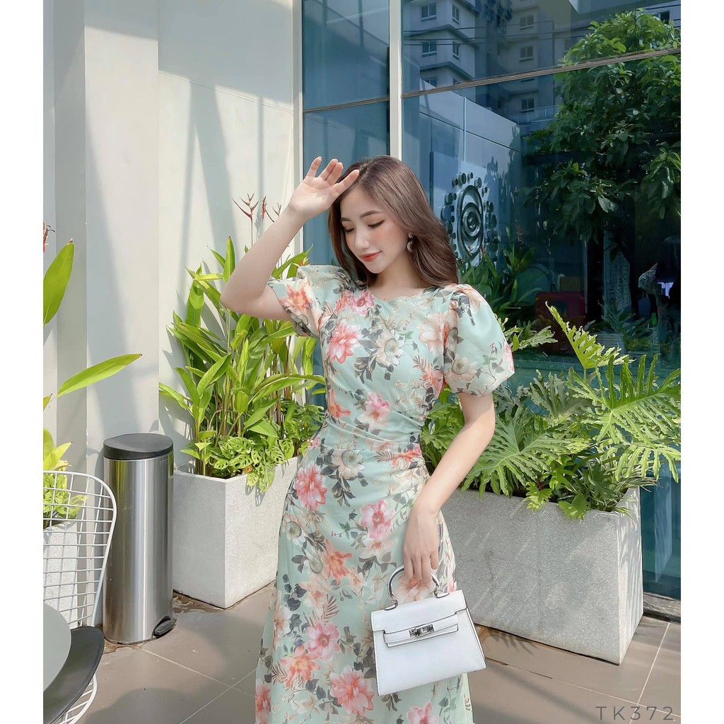 Đầm Hoa Nhún Eo Tôn Dáng Công Sở Thanh Lịch