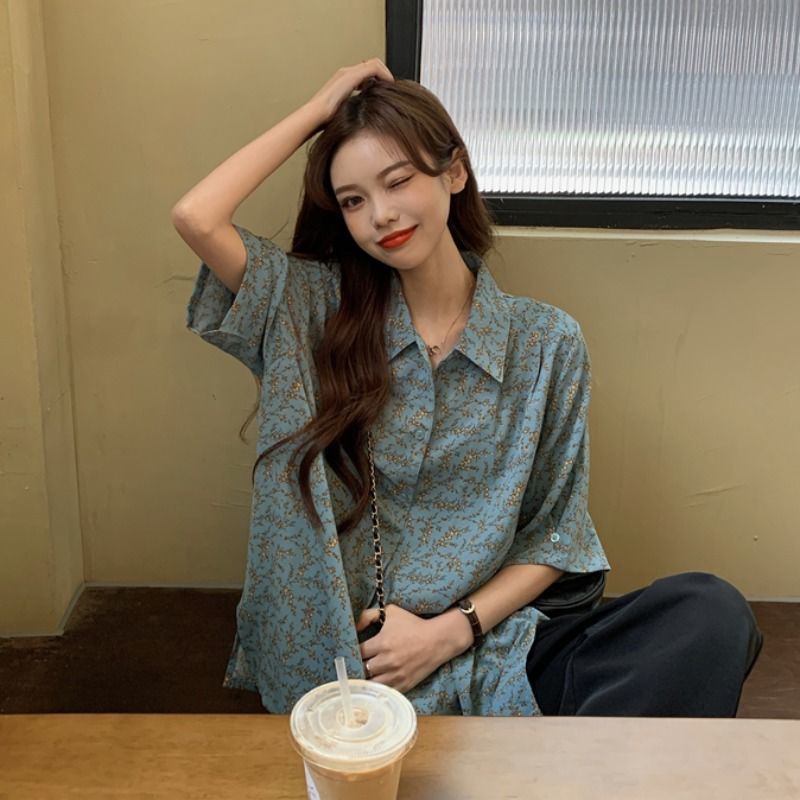 Áo sơ mi RENJIANVSHENG tay ngắn dáng rộng in họa tiết hoa phong cách Hàn Quốc trẻ trung dành cho nữ