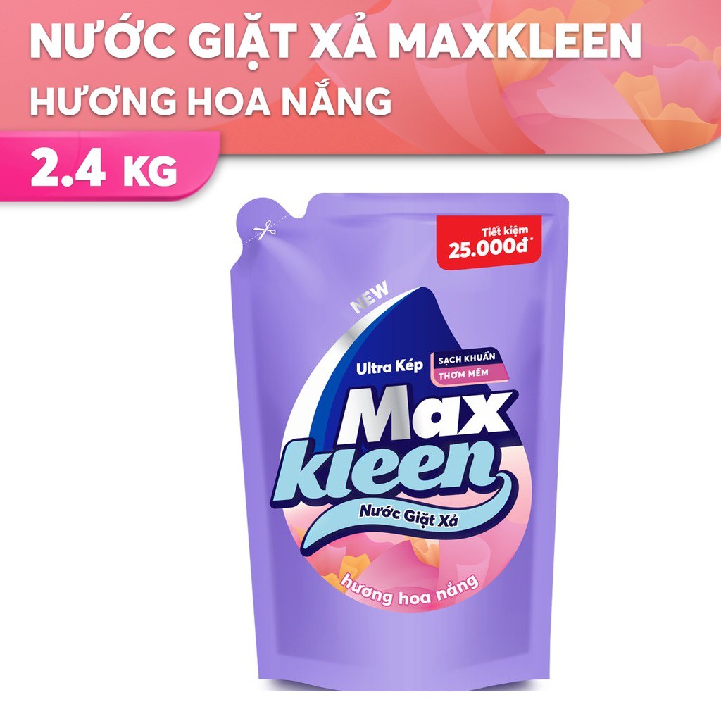 Túi nước giặt xả Maxkleen 2.4kg - Hương hoa nắng - Có nắp vặn