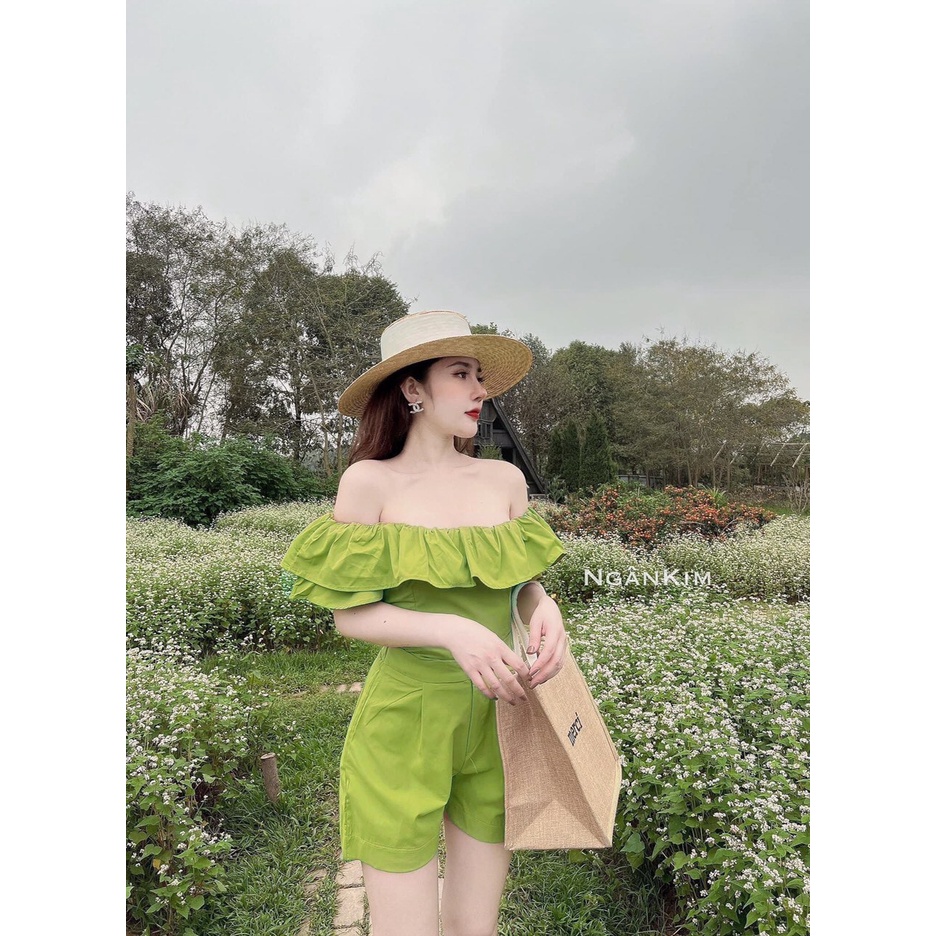 Set Đồ Nữ, Set Bộ Nữ Áo Trễ Vai Chun Bèo Màu Xanh Cốm Mix Quần Short Đùi Siêu Xinh