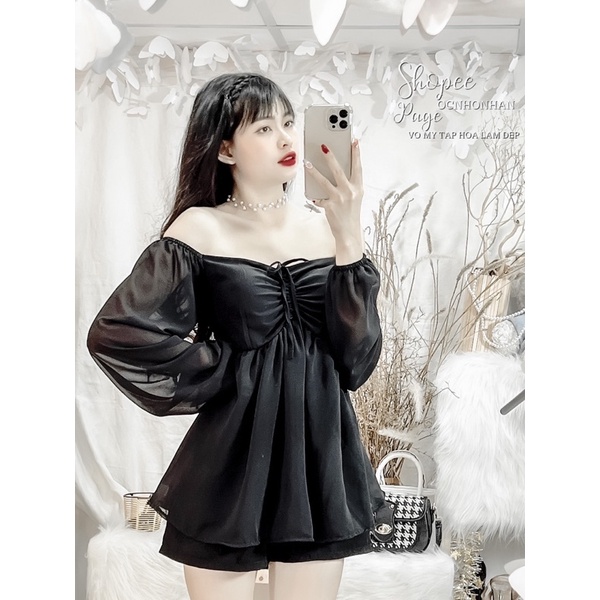 Set áo voan rút ngực phối quần short lưng thun sau lưng