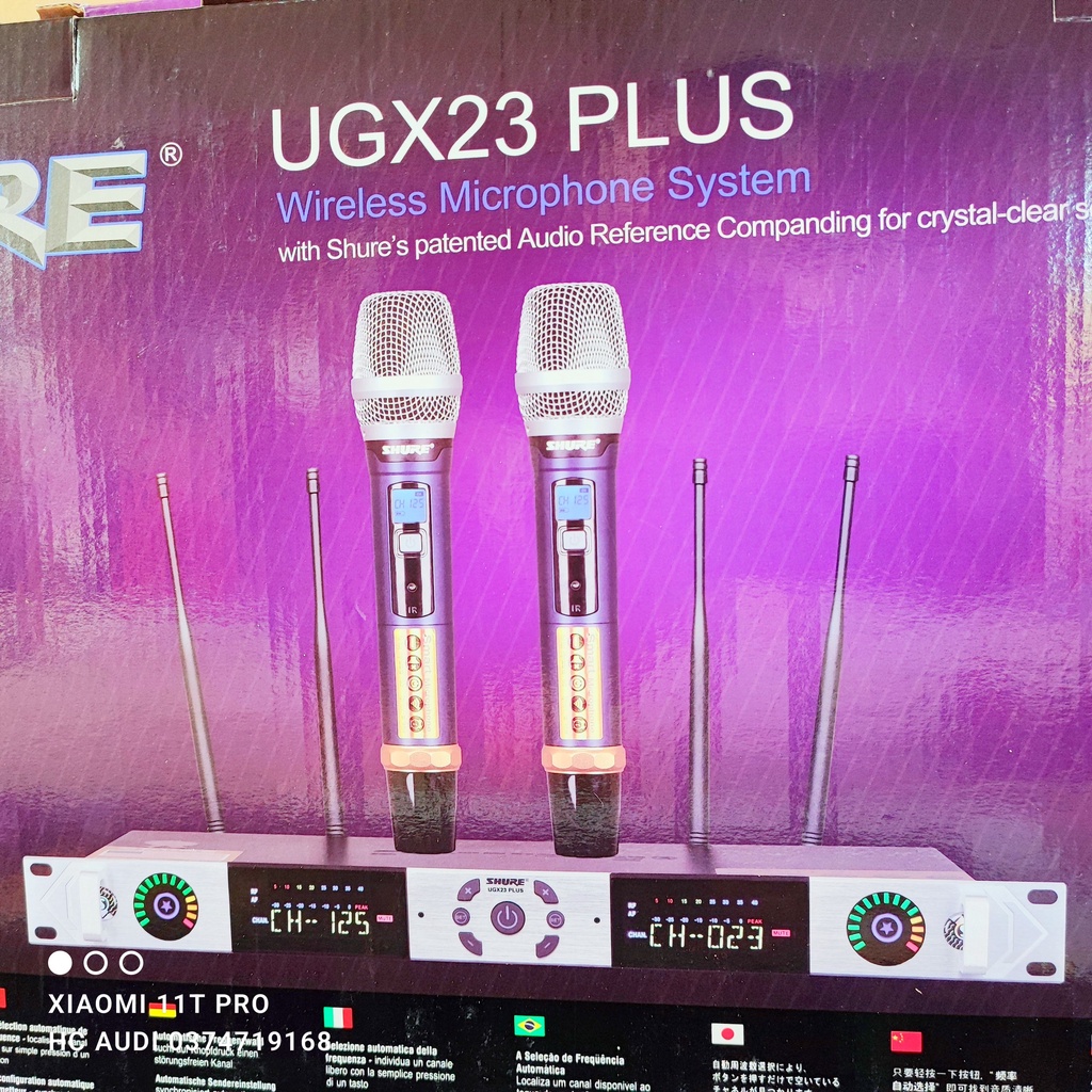 Mic không dây SHURE UGX 23 PLUS - micro SHURE UGX23 PLUS vỉ tím , tự ngắt , gia tốc , dò sóng , bốn râu thu sóng khỏe