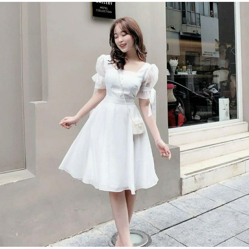Váy trắng tay bồng đính nơ tiểu thư | BigBuy360 - bigbuy360.vn