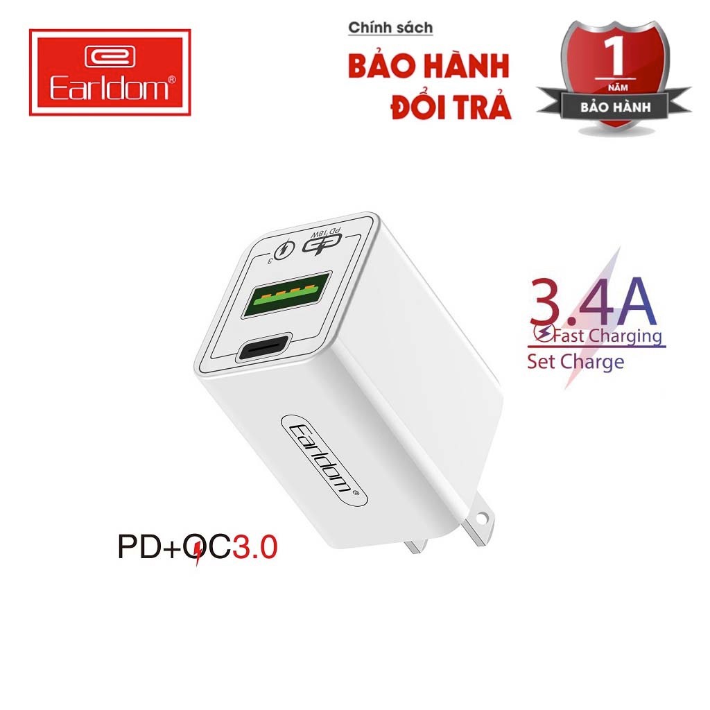 Củ Sạc Nhanh Earldom KC21 Hỗ Trợ 2 Cổng Sạc (1 Cổng USB + 1 Cổng USB Type-C) Sạc Nhanh 18W