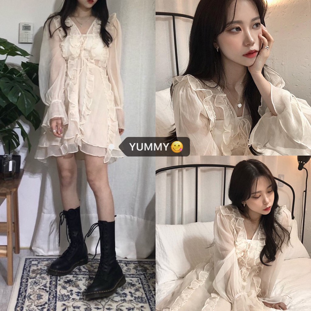 Đâm dáng xòe tay lưới dài mini Emilyshop