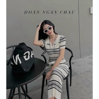 Đầm len kẻ đen nhỉ dáng ôm body cổ bẻ Quảng Châu dài 110cm