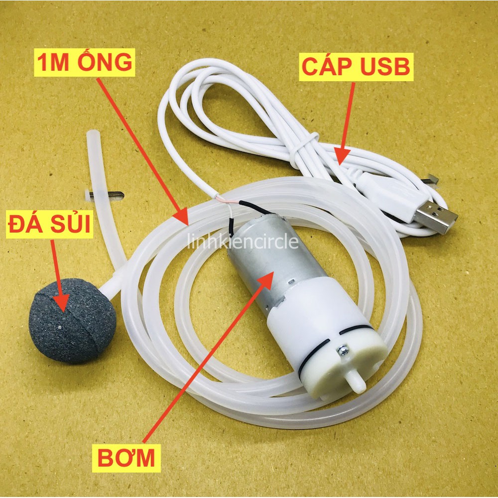 Bơm oxy mini chạy pin 3v - 6v kèm 1m ống đá sủi cáp USB dùng nguồn sạc dự phòng