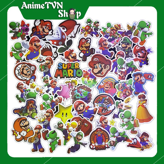 Miếng dán Sticker chủ đề Super Mario trọn bộ 50 hình - In rõ ràng sắc nét khó tróc