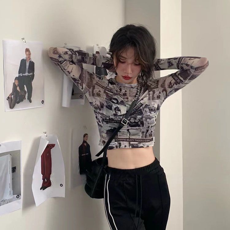 Áo Thun Lưới Eo Cao In Hoạ Tiết Graffiti Thời Trang Xuân Hè 2022