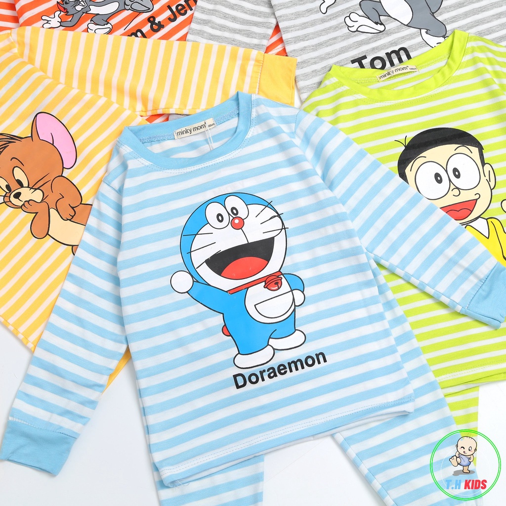 [Bé 10-27kg] Bộ Dài tay thun lạnh sọc dệt Đôremon Minky Mom mềm mịn cho bé trai bé gái từ 10-27kg