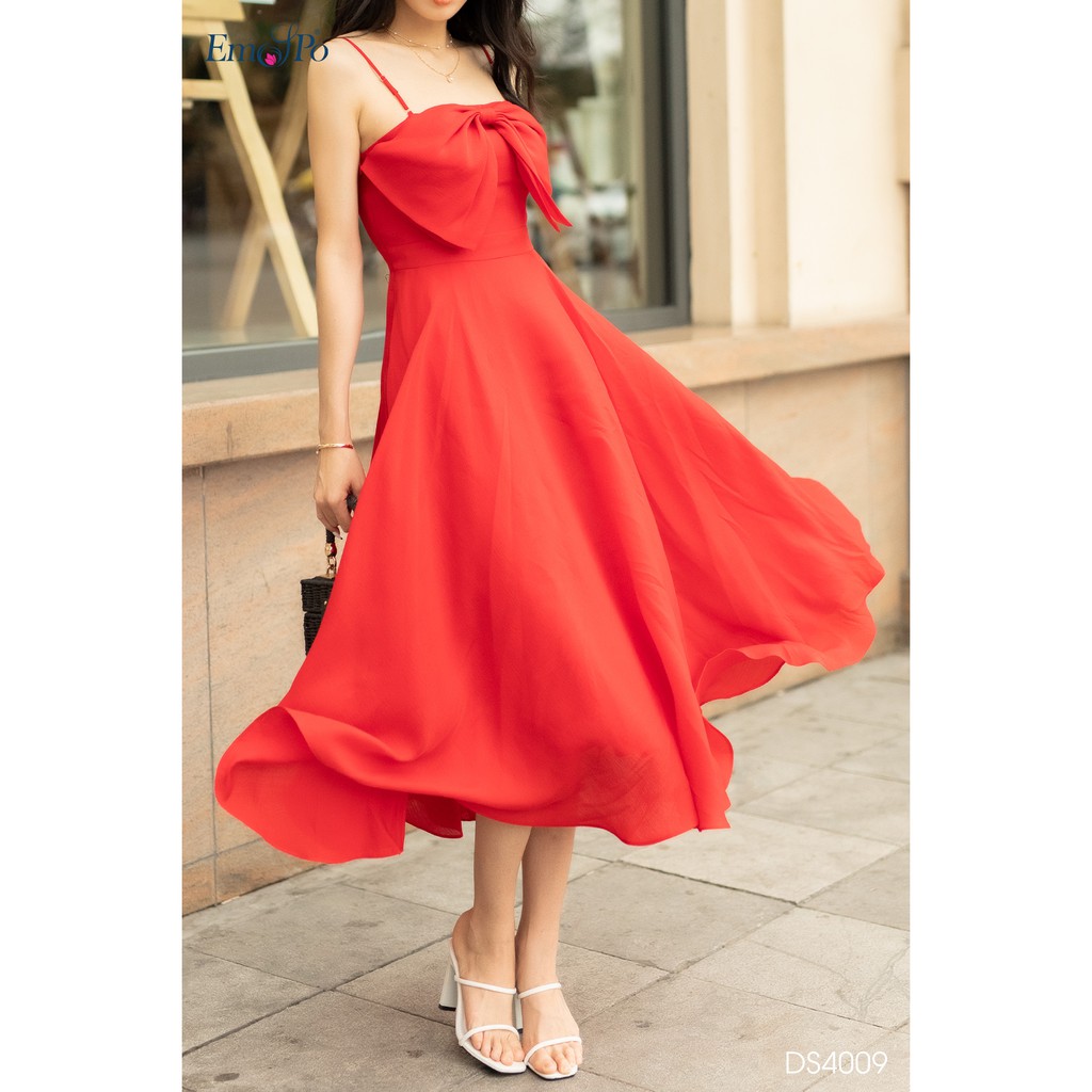 Đầm xòe hai dây, nơ bản to đính ngực Emspo DS4009