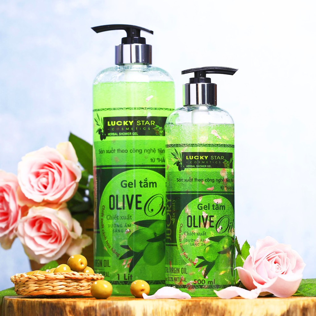 Hộp Quà tặng Combo Sữa tắm Olive Lucky Star 500ml + Sữa tắm Nước Hoa Lucky Star 500ml + Bông tắm