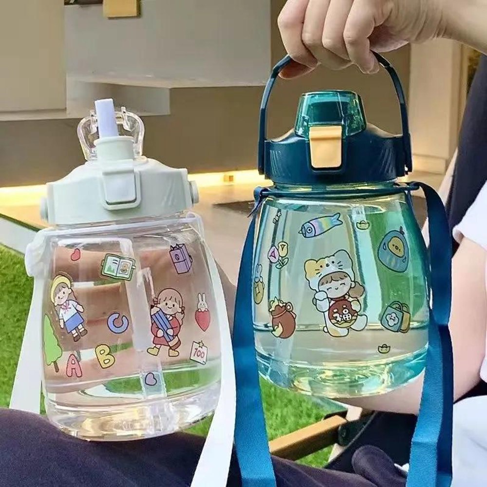 Bình Nước 1300ml Kèm Ống Hút Và Giá Đỡ Điện Thoại Họa Tiết Hoạt Hình Xinh Xắn