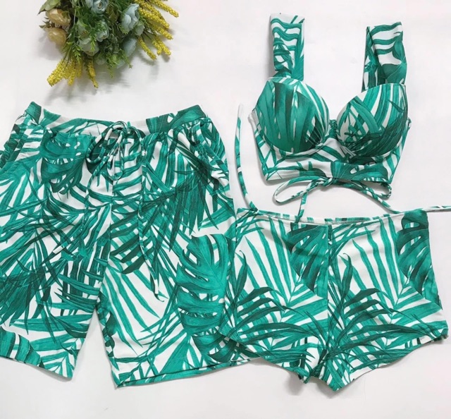 Đồ bơi cặp nam nữ- Bikini đôi đi biển lá xanh- áo tắm nữ mút dày nâng ngực- shopnabi | BigBuy360 - bigbuy360.vn