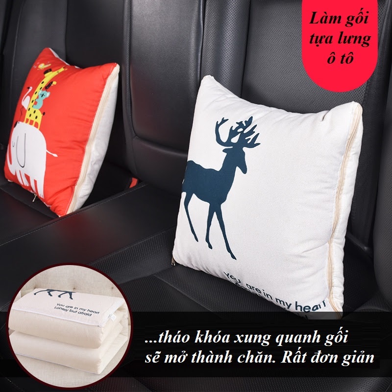 Gối tựa lưng logo hãng xe, gối ôm kiêm chăn mỏng đa năng 3 trong 1
