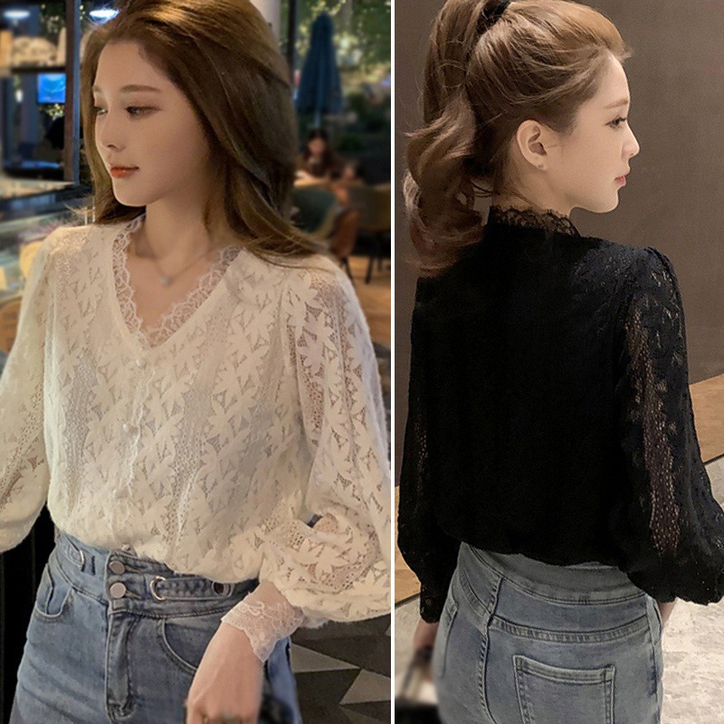 Áo Kiểu Tay Dài Phối Ren Hoa Thiết Kế Cổ Chữ V Nữ Tính