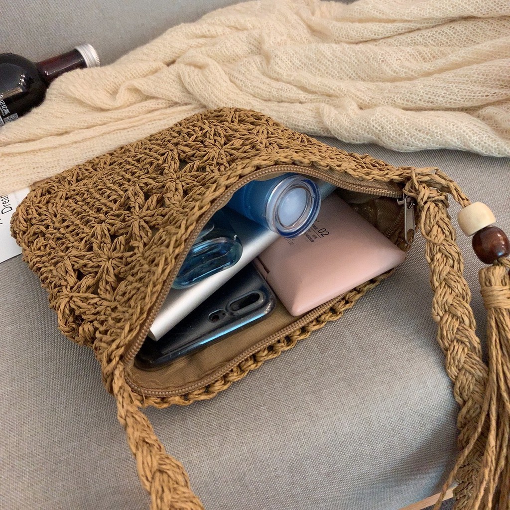 Túi cói Túi cói nữ mini đi biển kèm tua rua siêu xinh