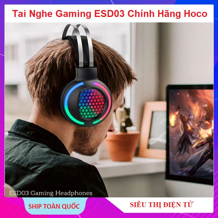 Tai Nghe Game ESD03 Chính Hãng Hoco, Tặng Dây Cắm Laptop, Chơi Gaming - Có Mic Đèn LED - Dùng Cho PC - Điện Thoại -BH12T
