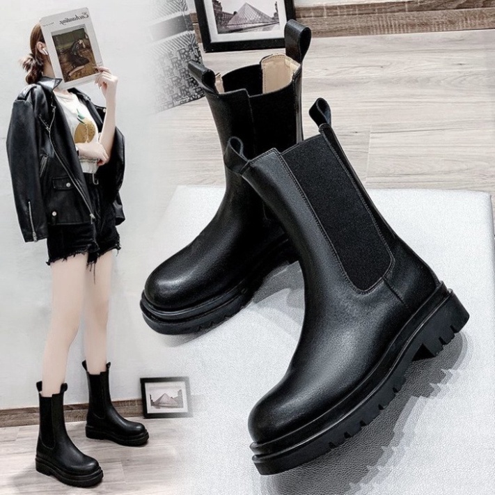 Giày bốt boot nữ Martin cổ cao đế dày phong cách thời trang Hàn Quốc, Giày nữ đế cao đẹp, bốt nữ cổ chun màu đen