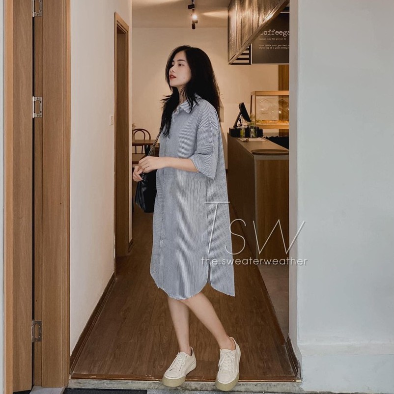 Đầm/Váy sơ mi kẻ sọc dáng dài chất xốp