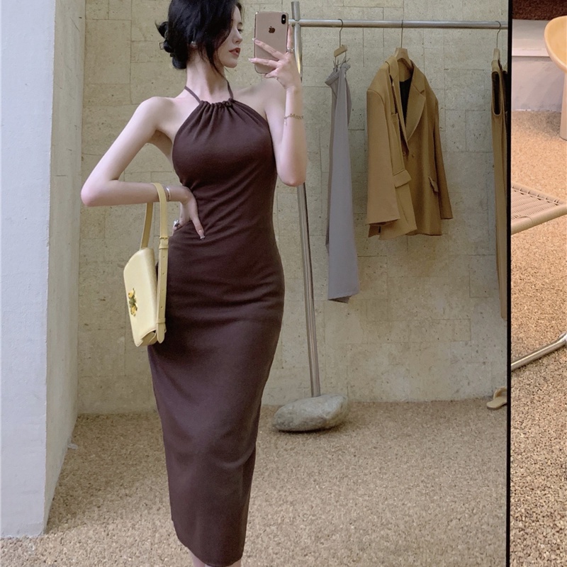 UIOWOO  Đầm Hai Dây Dài Qua Gối Phong Cách Hong Kong Thời Trang Mùa Hè Mới Dành Cho Nữ