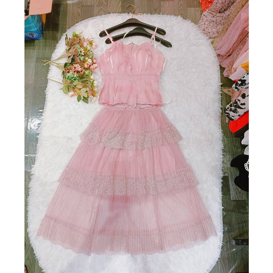 Chân váy dáng xòe màu hồng 3 tầng ren lưới bánh bèo tiểu thử teen girl đẹp giá rẻ cạp chun